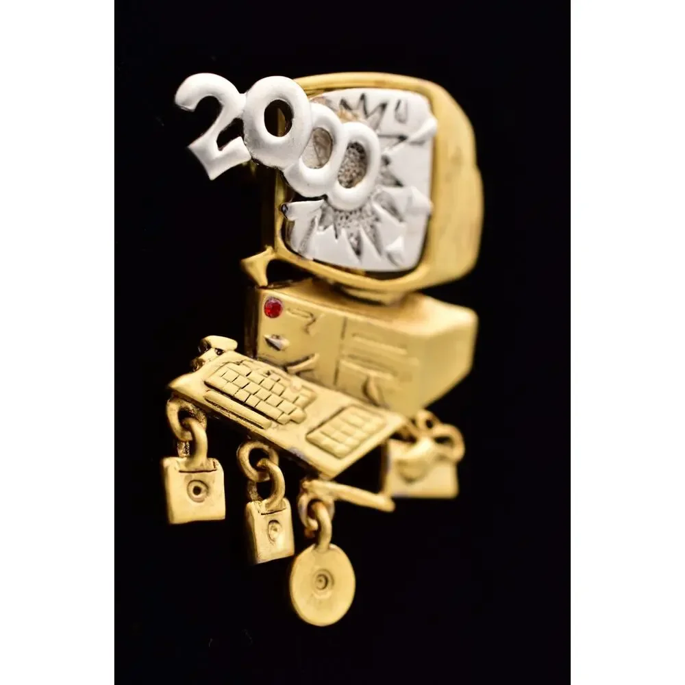 Danecraft Y2K 2000 Computer Brooch Gold Silver Dangle Charm Pin NOS 90s PinA25